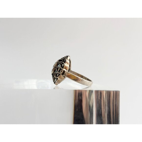 Aquamarine Semi-Precious Marcasite 925 Sterling Silver Vintage Ring - sz 6 - Picture 6 of 11